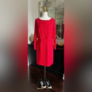 Red Long Sleeve Lace Sheath Dress❣️Blouson Waistline❣️Soft Red Satin Lining